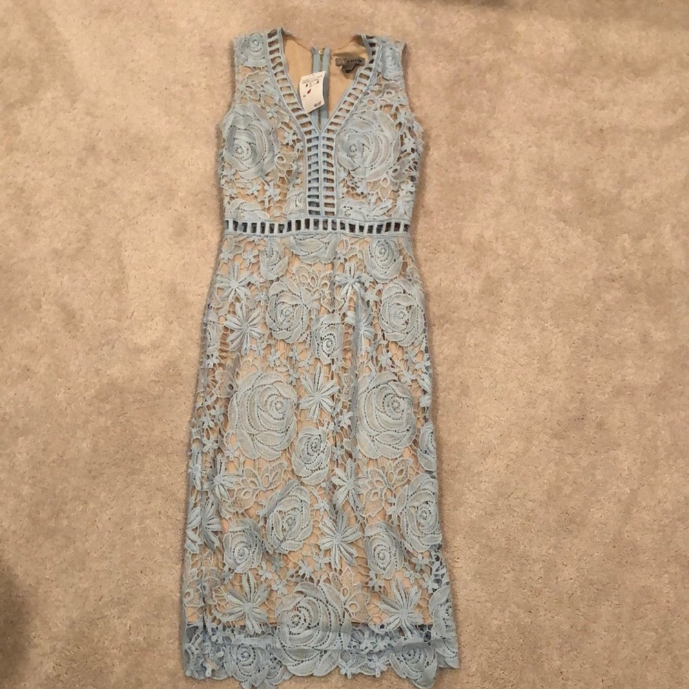 Light Blue Lace Overlay Midi Dress